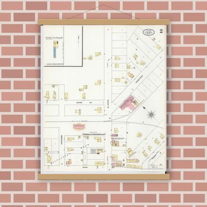 Old map wall art mockup — magnetic wood frame on brick wall — Sanborn Fire Insurance Map from Caro, Tuscola County, Michigan (1909), Sheet #0002