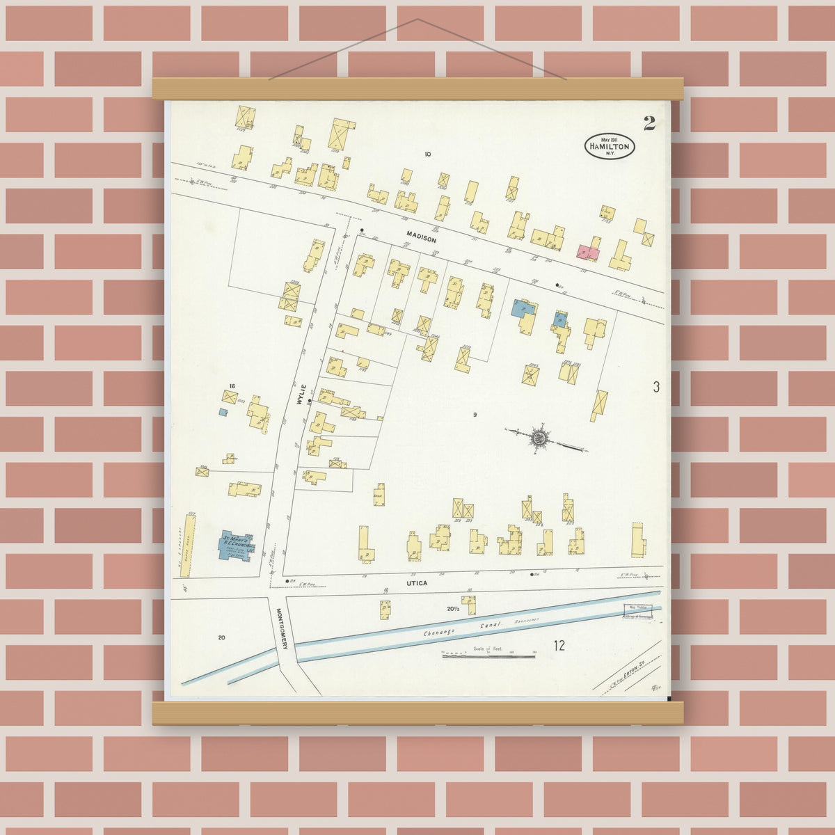 Old map wall art mockup — magnetic wood frame on brick wall — Sanborn Fire Insurance Map from Hamilton, Madison County, New York (1911), Sheet #0002