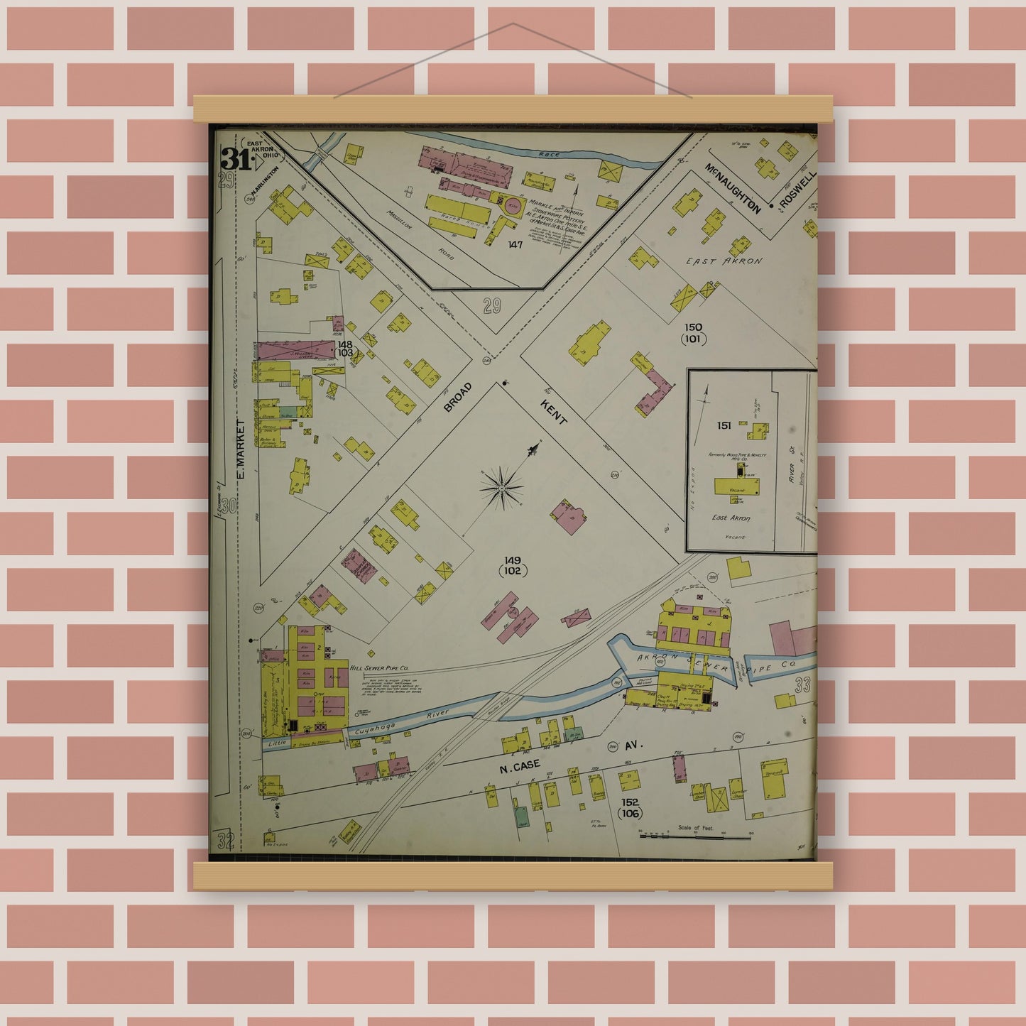 Old map wall art mockup — magnetic wood frame on brick wall — Sanborn Fire Insurance Map from Akron, Summit County, Ohio (1892), Sheet #0031