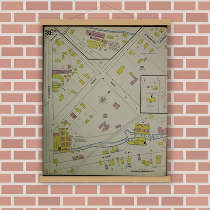Old map wall art mockup — magnetic wood frame on brick wall — Sanborn Fire Insurance Map from Akron, Summit County, Ohio (1892), Sheet #0031