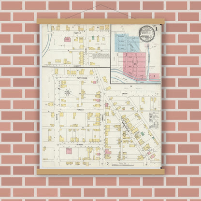 Old map wall art mockup — magnetic wood frame on brick wall — Sanborn Fire Insurance Map from Mifflintown, Juniata County, Pennsylvania (1896), Sheet #0001