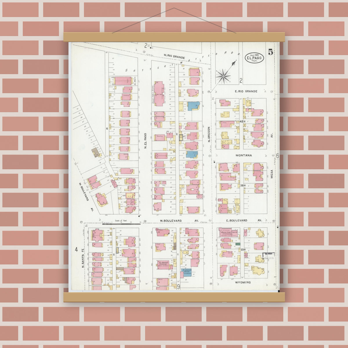 Old map wall art mockup — magnetic wood frame on brick wall — Sanborn Fire Insurance Map from El Paso, El Paso County, Texas (1905), Sheet #0005