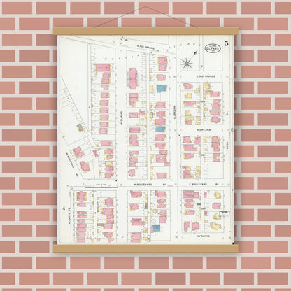 Old map wall art mockup — magnetic wood frame on brick wall — Sanborn Fire Insurance Map from El Paso, El Paso County, Texas (1905), Sheet #0005