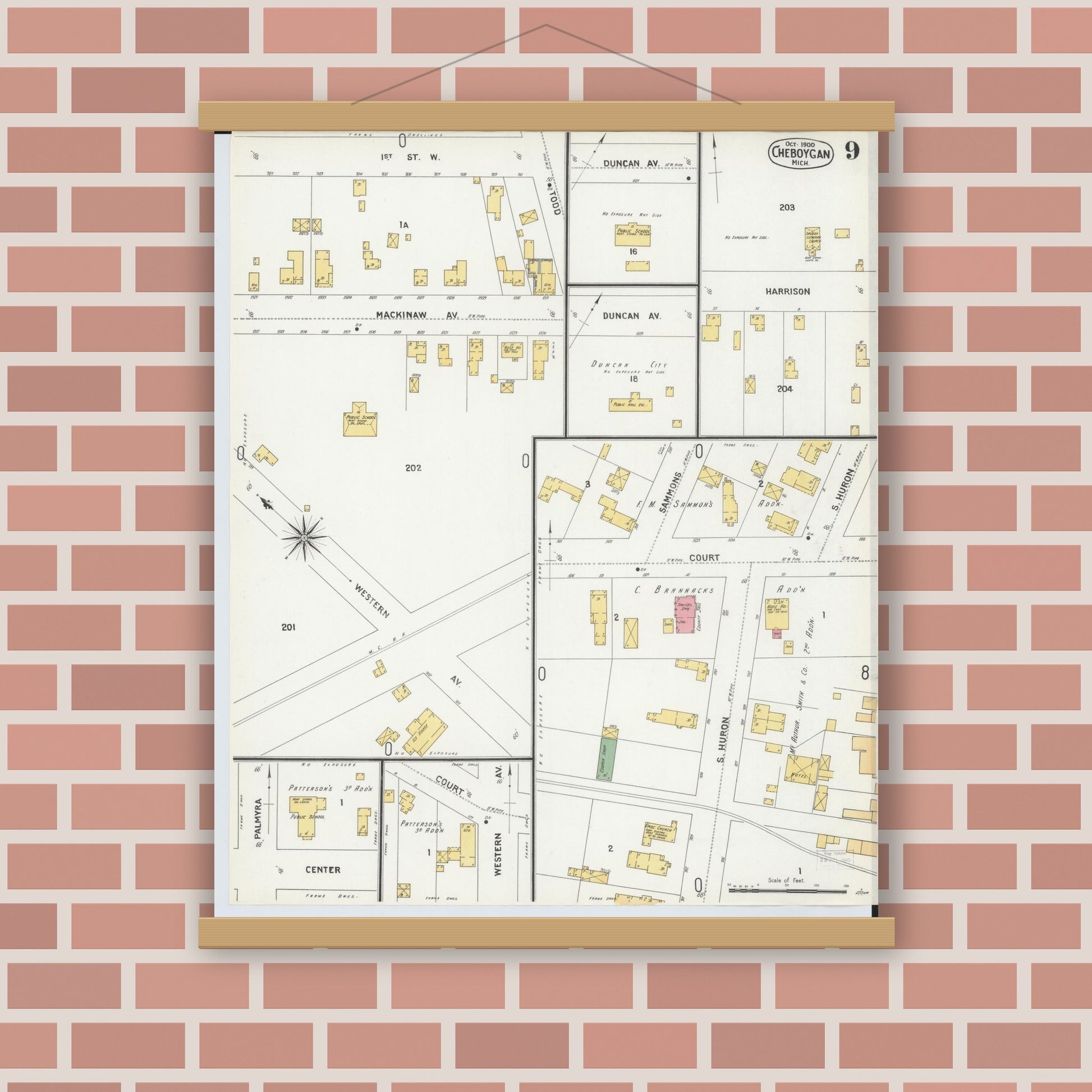 Old map wall art mockup — magnetic wood frame on brick wall — Sanborn Fire Insurance Map from Cheboygan, Cheboygan County, Michigan (1900), Sheet #0009