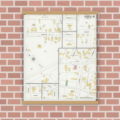 Old map wall art mockup — magnetic wood frame on brick wall — Sanborn Fire Insurance Map from Cheboygan, Cheboygan County, Michigan (1900), Sheet #0009