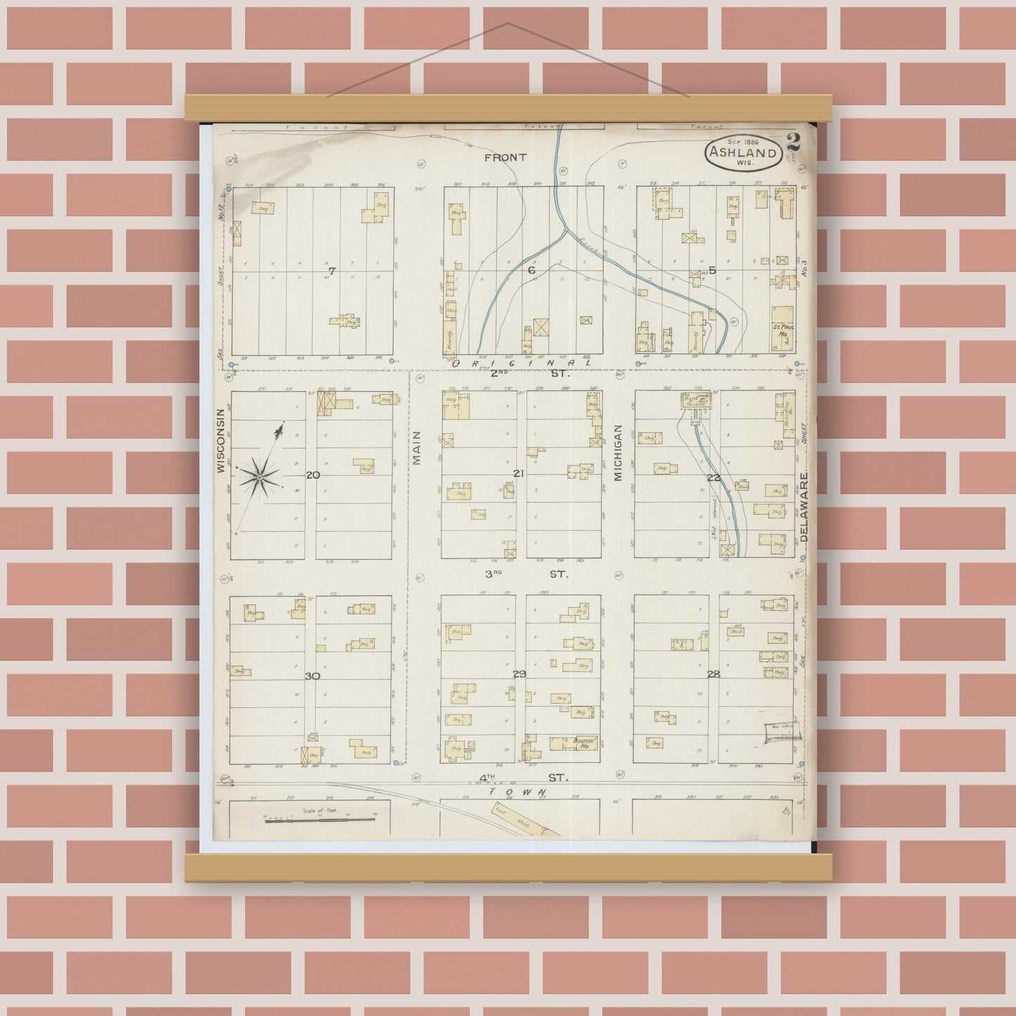 Old map wall art mockup — magnetic wood frame on brick wall — Sanborn Fire Insurance Map from Ashland, Ashland County, Wisconsin (1886), Sheet #0002