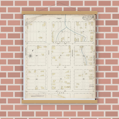 Old map wall art mockup — magnetic wood frame on brick wall — Sanborn Fire Insurance Map from Ashland, Ashland County, Wisconsin (1886), Sheet #0002