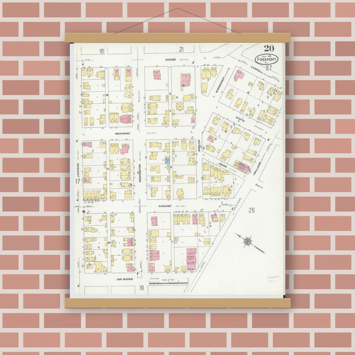 Old map wall art mockup — magnetic wood frame on brick wall — Sanborn Fire Insurance Map from Freeport, Stephenson County, Illinois (1910), Sheet #0020