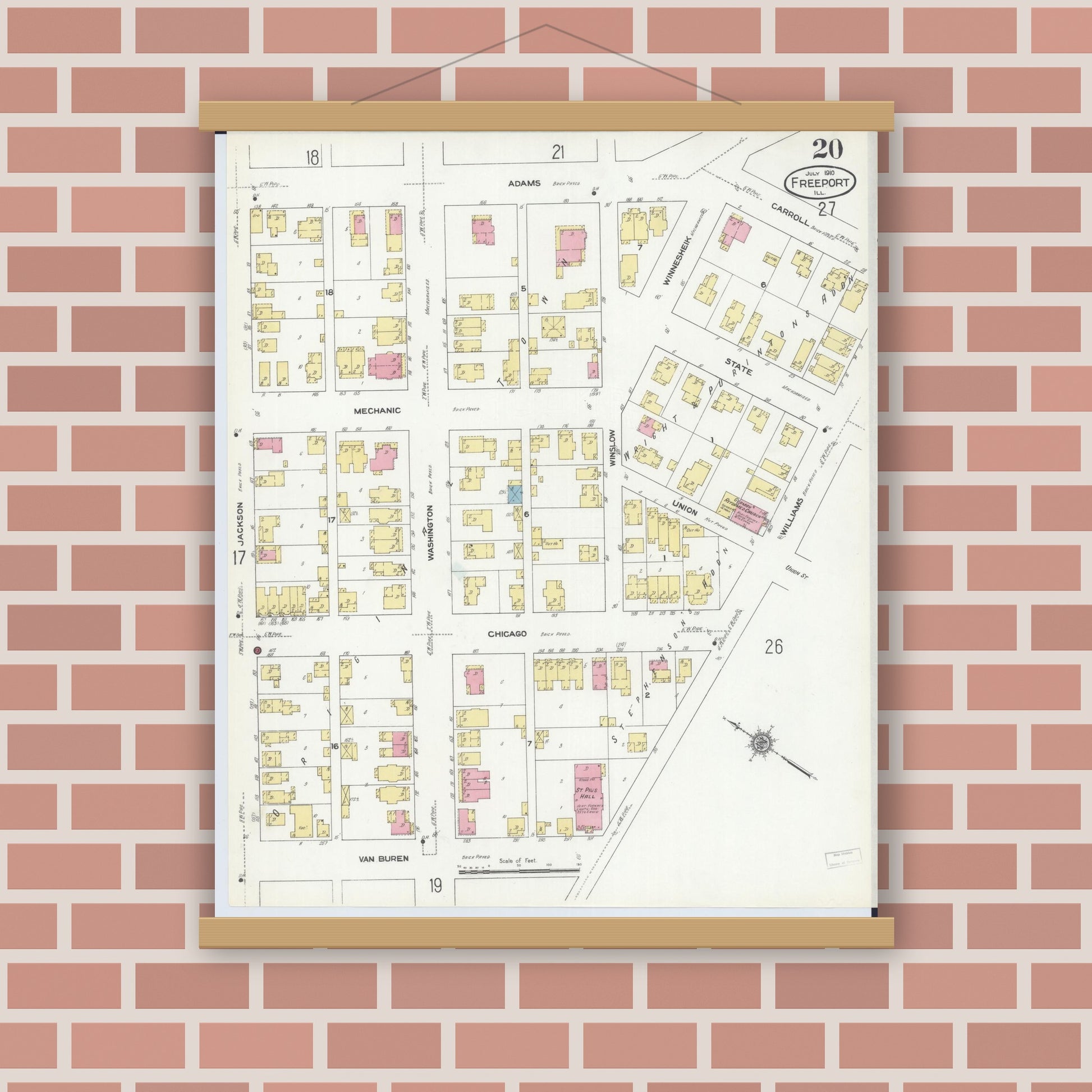 Old map wall art mockup — magnetic wood frame on brick wall — Sanborn Fire Insurance Map from Freeport, Stephenson County, Illinois (1910), Sheet #0020