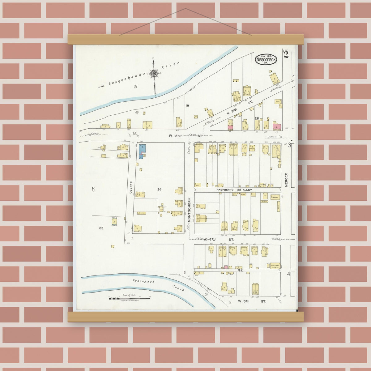 Old map wall art mockup — magnetic wood frame on brick wall — Sanborn Fire Insurance Map from Nescopeck, Luzerne County, Pennsylvania (1919), Sheet #0002
