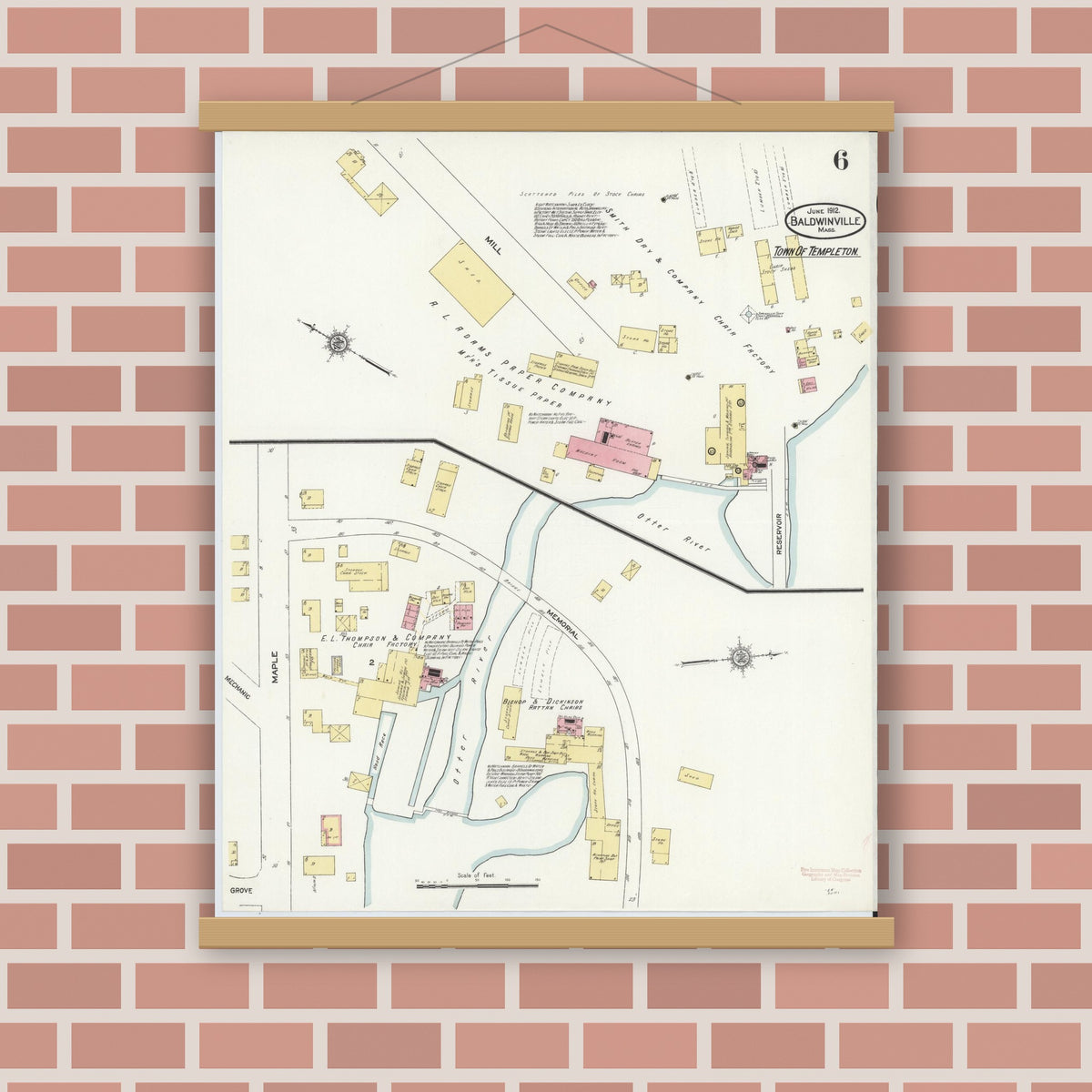 Old map wall art mockup — magnetic wood frame on brick wall — Sanborn Fire Insurance Map from Baldwinville, Worcester County, Massachusetts (1912), Sheet #0006