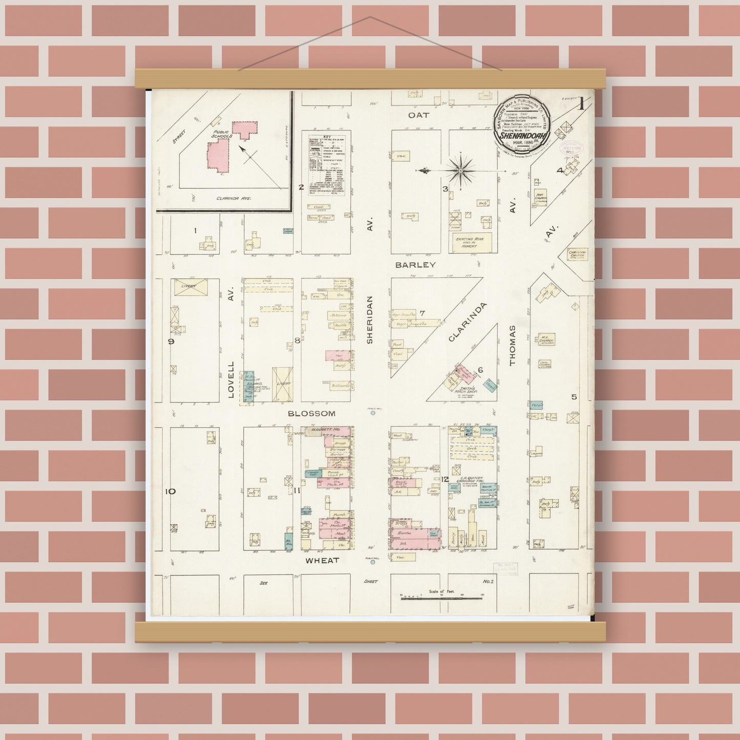 Old map wall art mockup — magnetic wood frame on brick wall — Sanborn Fire Insurance Map from Shenandoah, Page County, Iowa (1886), Sheet #0001