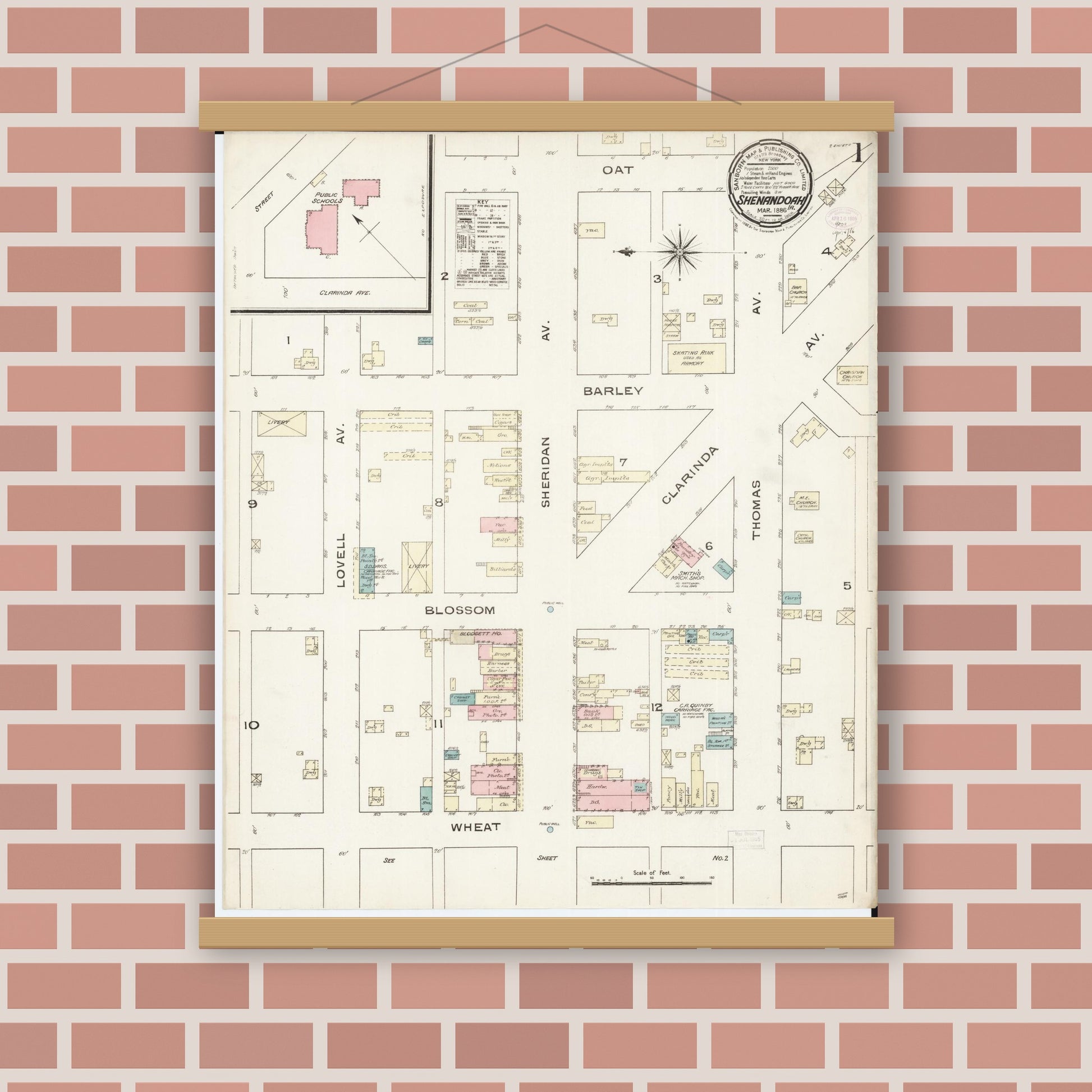 Old map wall art mockup — magnetic wood frame on brick wall — Sanborn Fire Insurance Map from Shenandoah, Page County, Iowa (1886), Sheet #0001