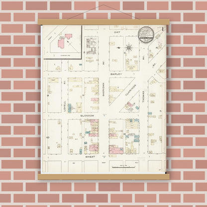 Old map wall art mockup — magnetic wood frame on brick wall — Sanborn Fire Insurance Map from Shenandoah, Page County, Iowa (1886), Sheet #0001
