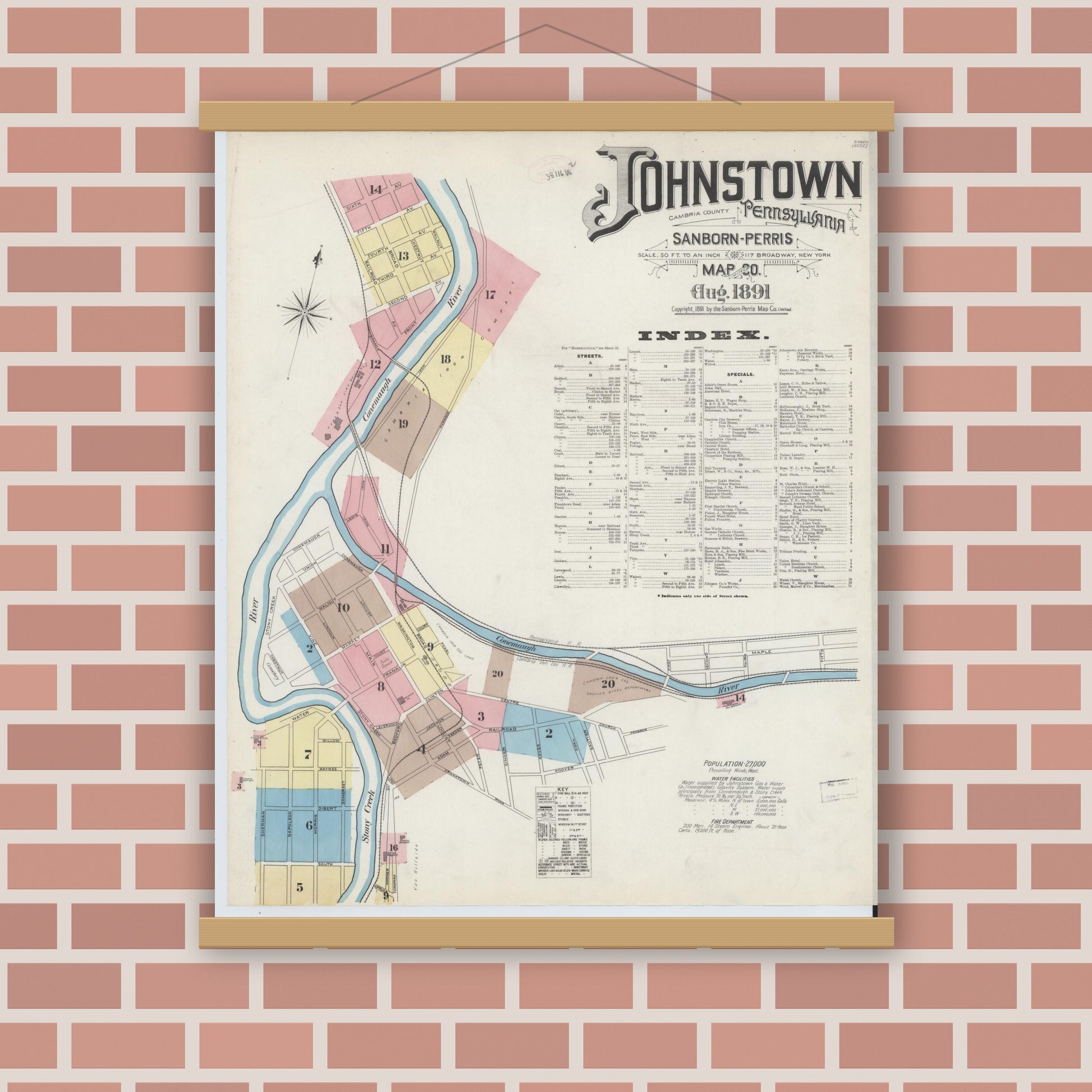 Old map wall art mockup — magnetic wood frame on brick wall — Sanborn Fire Insurance Map from Johnstown, Cambria County, Pennsylvania (1891) - Complete Map Set