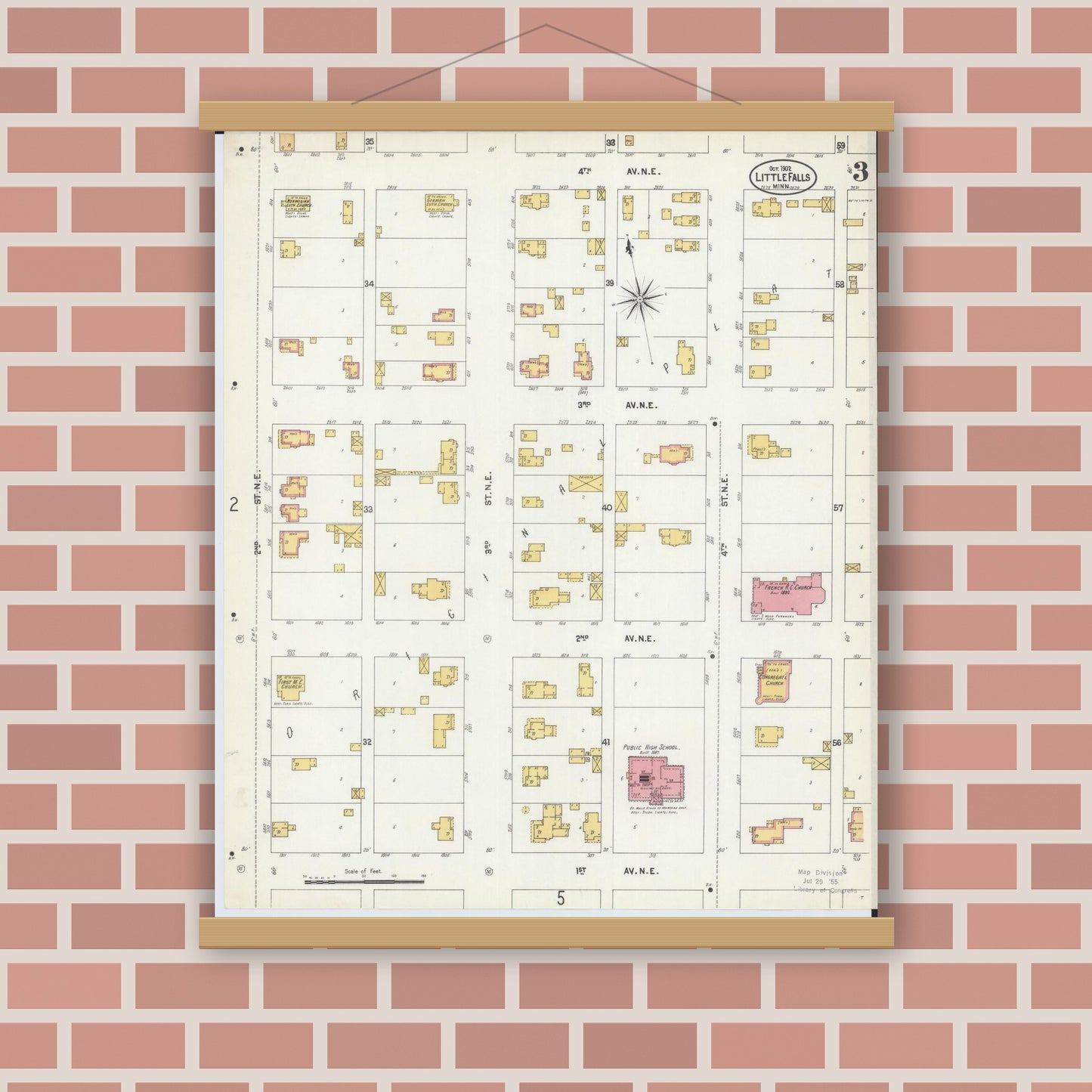 Old map wall art mockup — magnetic wood frame on brick wall — Sanborn Fire Insurance Map from Little Falls, Morrison County, Minnesota (1902), Sheet #0003