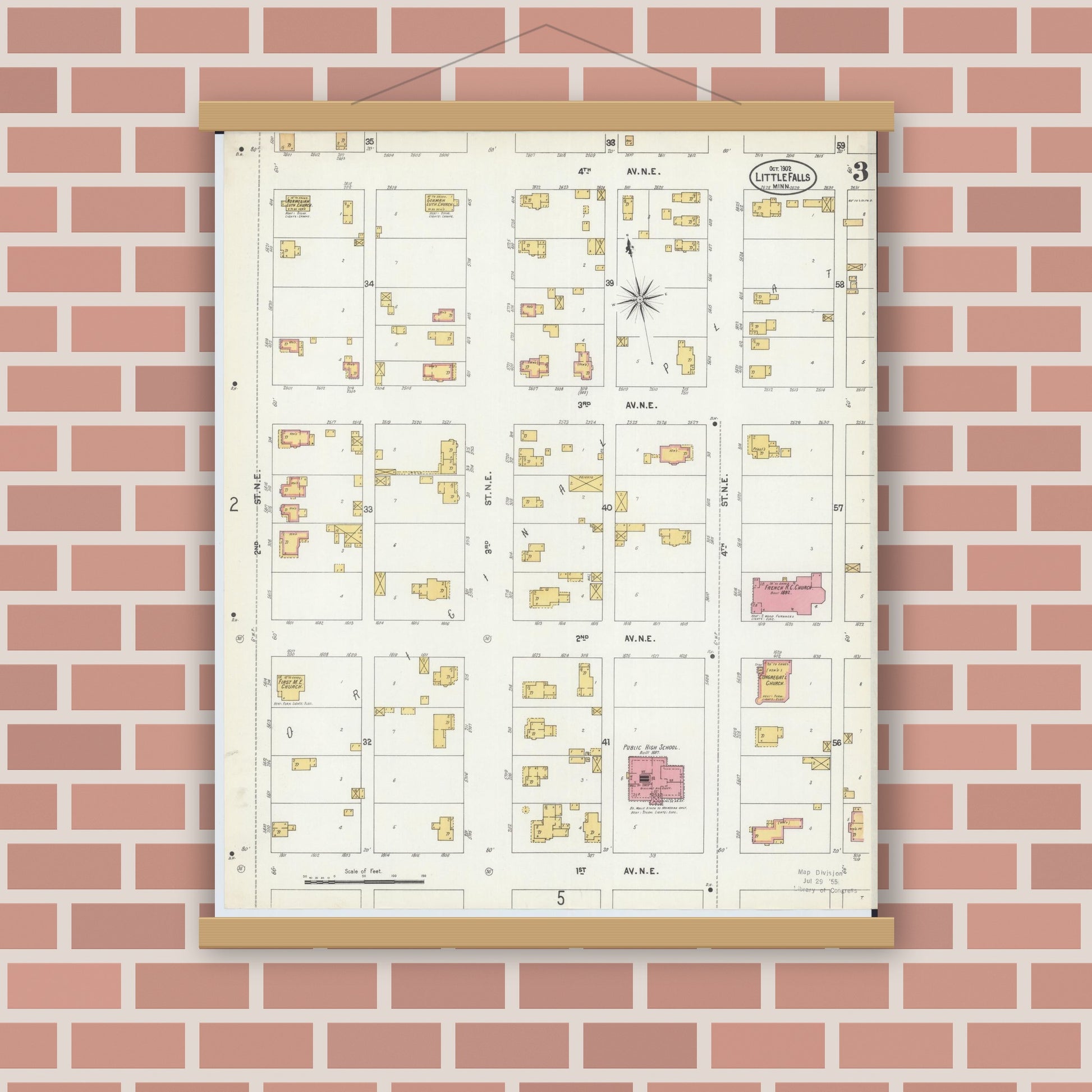 Old map wall art mockup — magnetic wood frame on brick wall — Sanborn Fire Insurance Map from Little Falls, Morrison County, Minnesota (1902), Sheet #0003