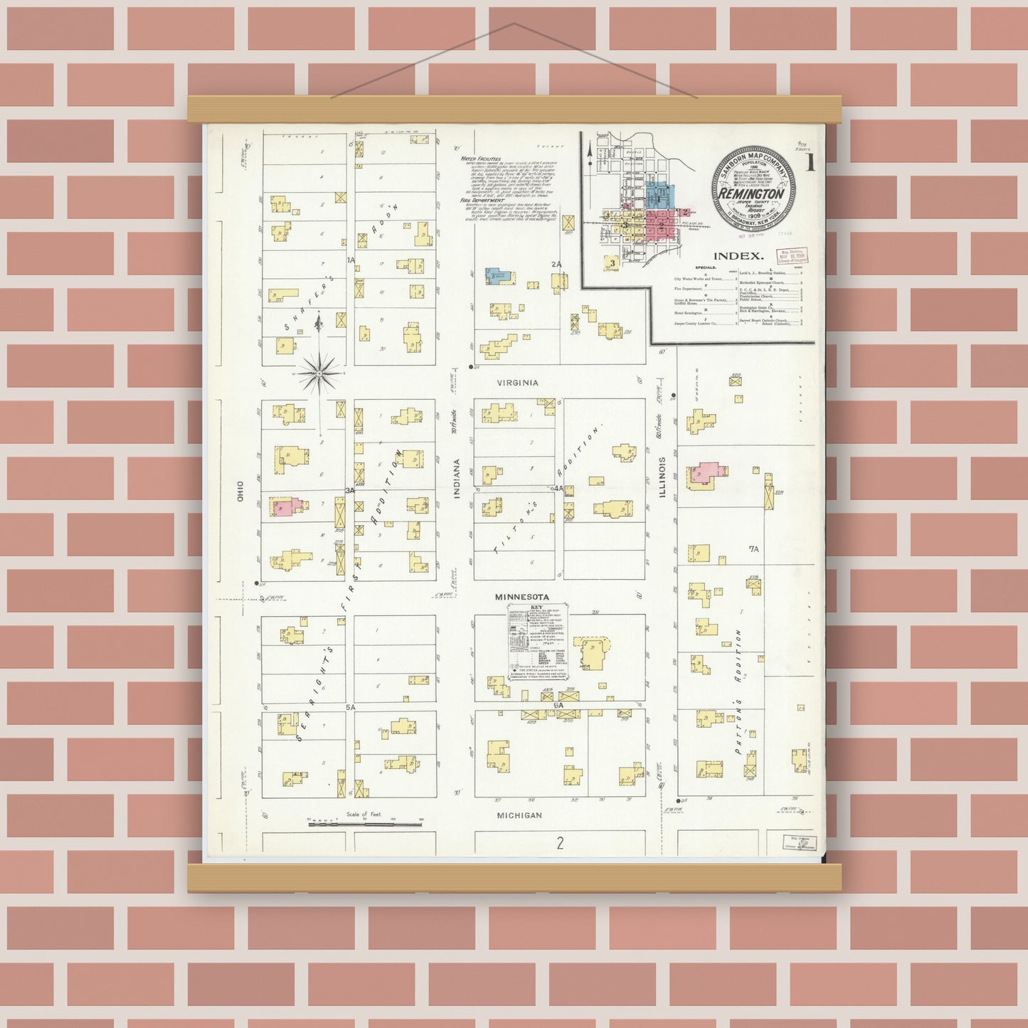 Old map wall art mockup — magnetic wood frame on brick wall — Sanborn Fire Insurance Map from Remington, Jasper County, Indiana (1909) - Complete Map Set
