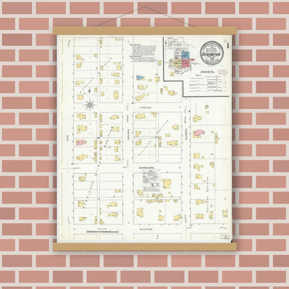 Old map wall art mockup — magnetic wood frame on brick wall — Sanborn Fire Insurance Map from Remington, Jasper County, Indiana (1909) - Complete Map Set