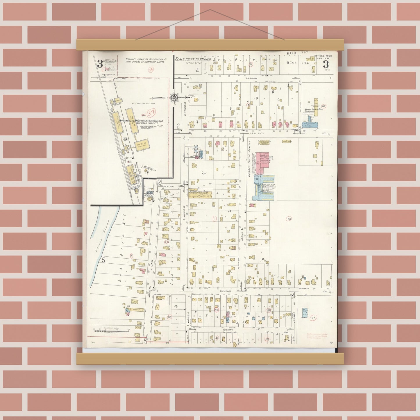 Old map wall art mockup — magnetic wood frame on brick wall — Sanborn Fire Insurance Map from Dundee, Monroe County, Michigan (1949), Sheet #0003