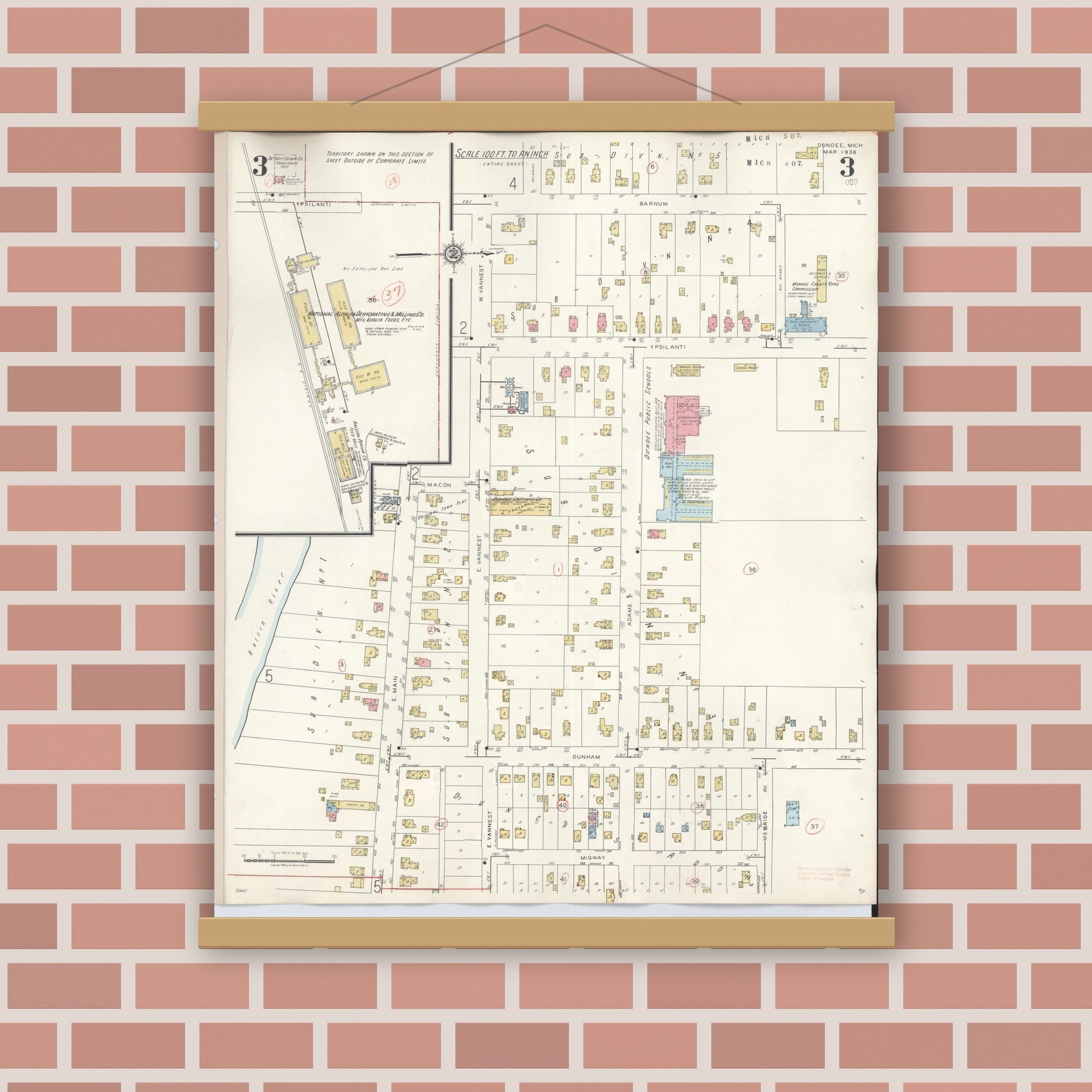 Old map wall art mockup — magnetic wood frame on brick wall — Sanborn Fire Insurance Map from Dundee, Monroe County, Michigan (1949), Sheet #0003