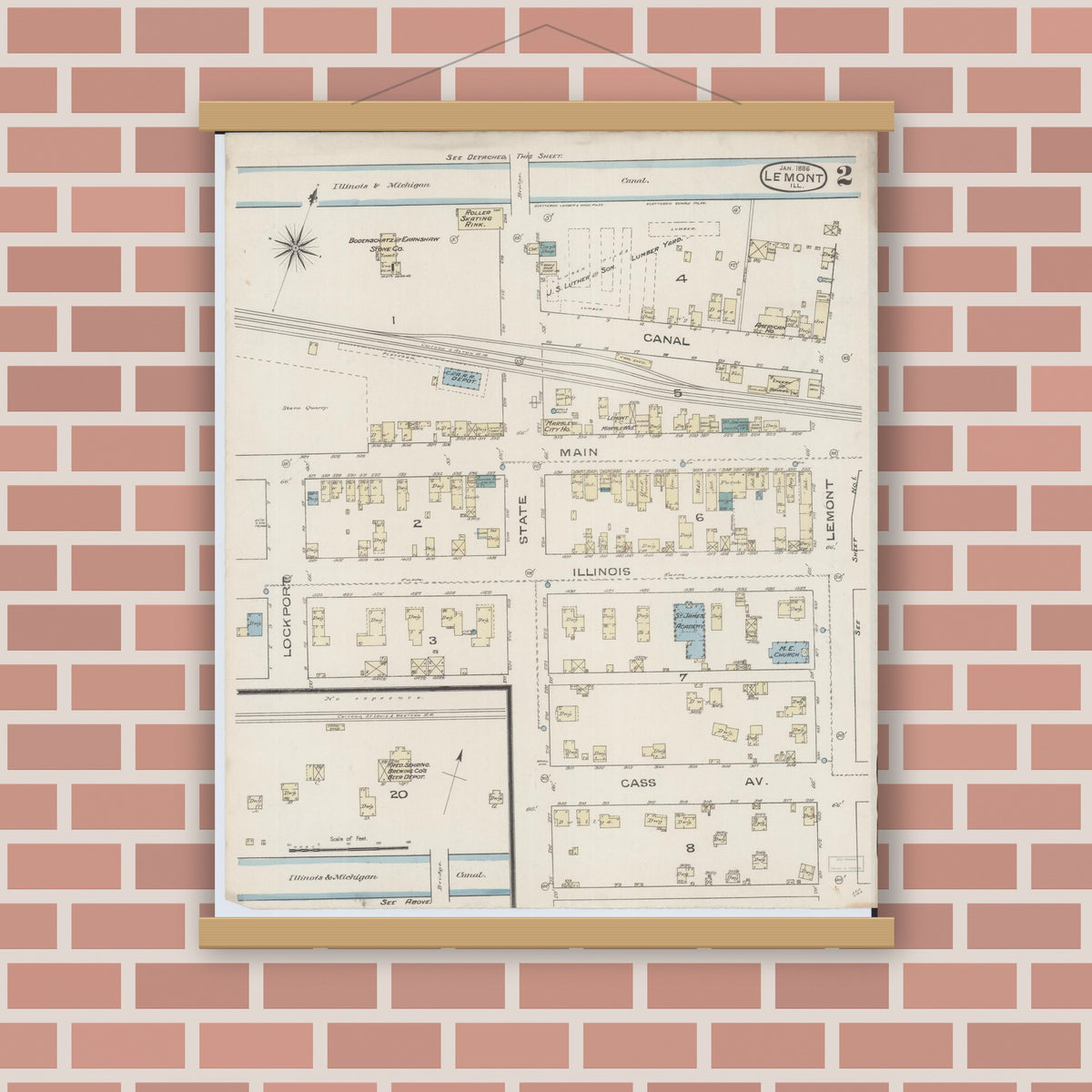 Old map wall art mockup — magnetic wood frame on brick wall — Sanborn Fire Insurance Map from Lemont, Cook County, Illinois (1886), Sheet #0002