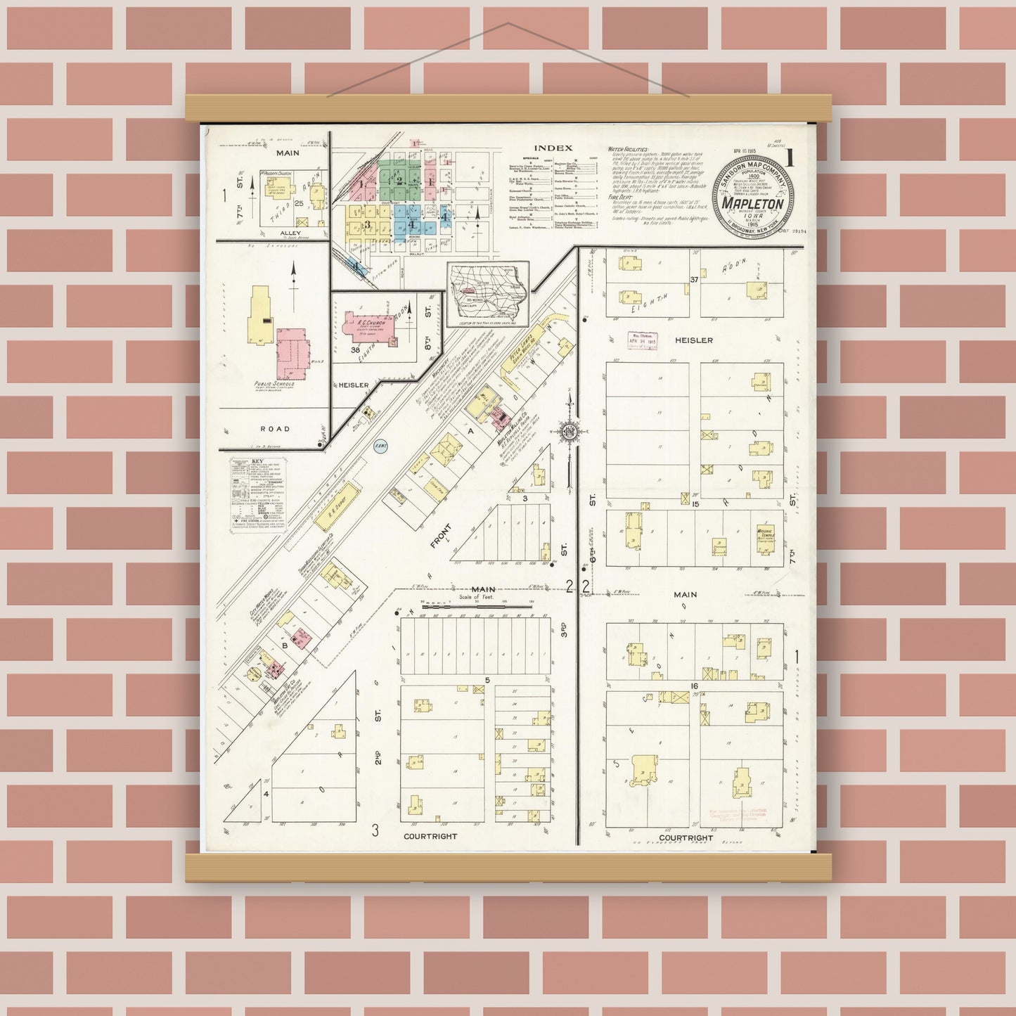 Old map wall art mockup — magnetic wood frame on brick wall — Sanborn Fire Insurance Map from Mapleton, Monona County, Iowa (1915), Sheet #0001