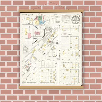 Old map wall art mockup — magnetic wood frame on brick wall — Sanborn Fire Insurance Map from Mapleton, Monona County, Iowa (1915), Sheet #0001