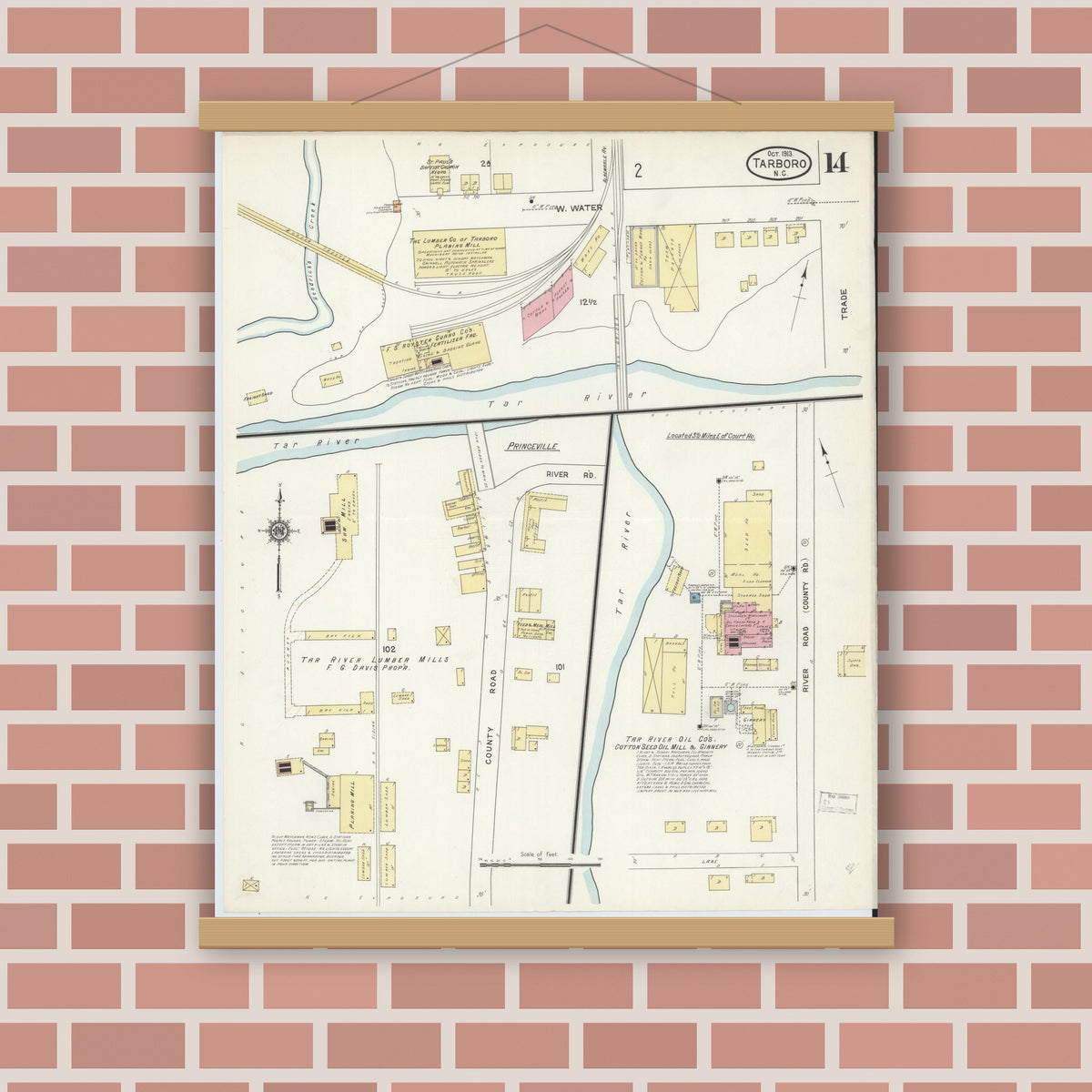 Old map wall art mockup — magnetic wood frame on brick wall — Sanborn Fire Insurance Map from Tarboro, Edgecombe County, North Carolina (1913), Sheet #0014