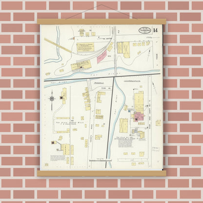 Old map wall art mockup — magnetic wood frame on brick wall — Sanborn Fire Insurance Map from Tarboro, Edgecombe County, North Carolina (1913), Sheet #0014