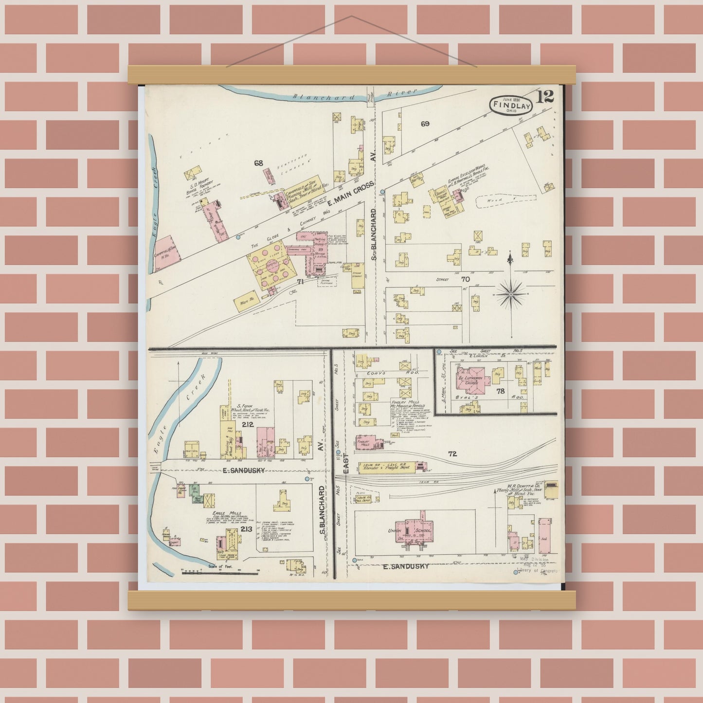 Old map wall art mockup — magnetic wood frame on brick wall — Sanborn Fire Insurance Map from Findlay, Hancock County, Ohio (1890), Sheet #0012