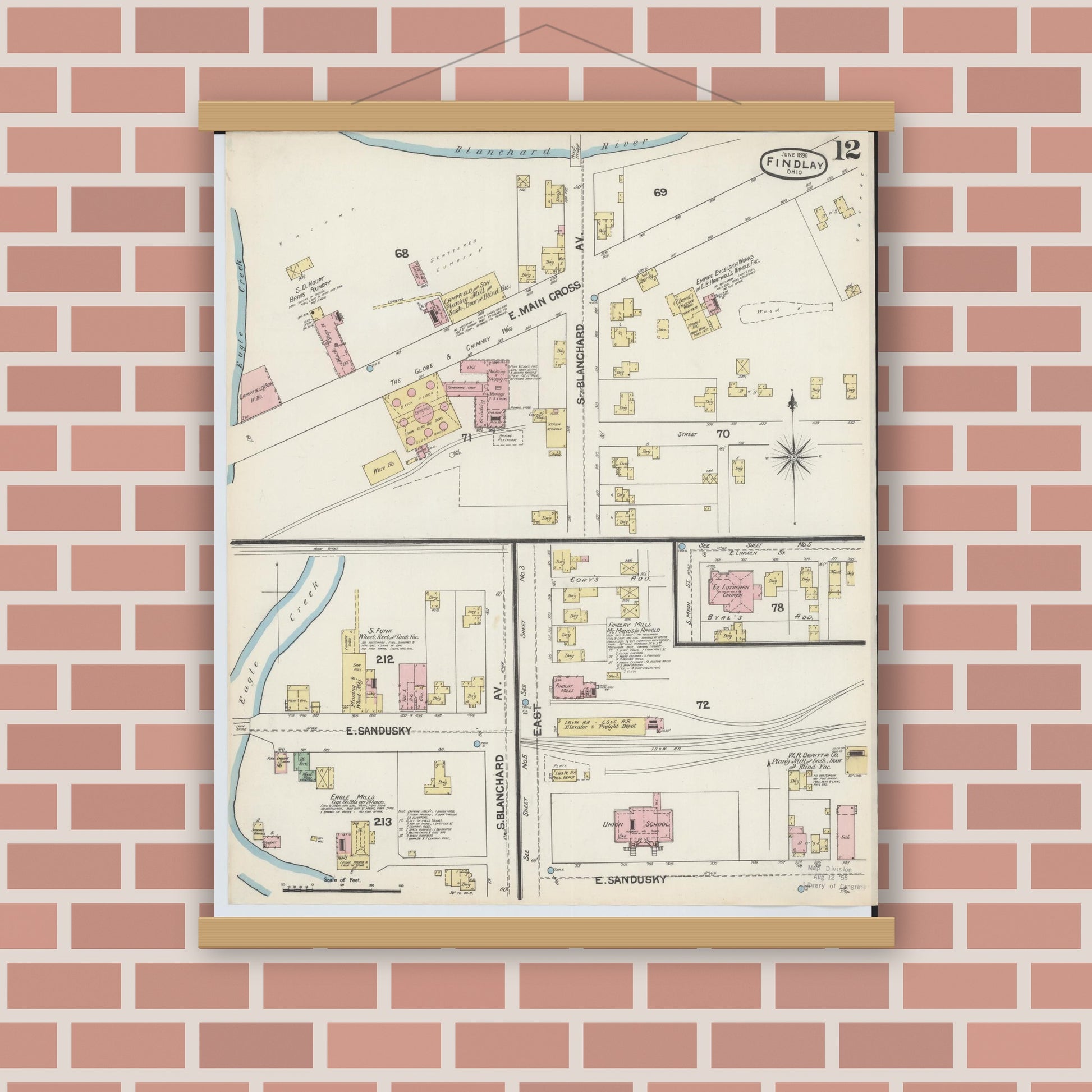 Old map wall art mockup — magnetic wood frame on brick wall — Sanborn Fire Insurance Map from Findlay, Hancock County, Ohio (1890), Sheet #0012