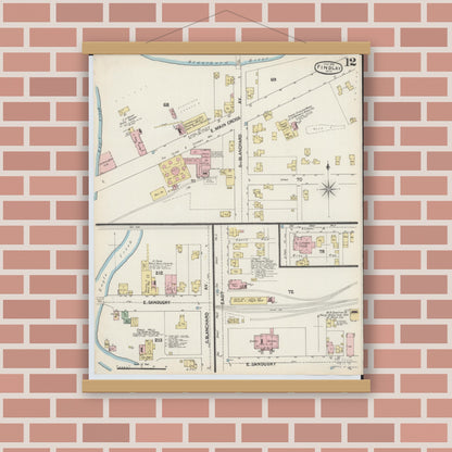 Old map wall art mockup — magnetic wood frame on brick wall — Sanborn Fire Insurance Map from Findlay, Hancock County, Ohio (1890), Sheet #0012
