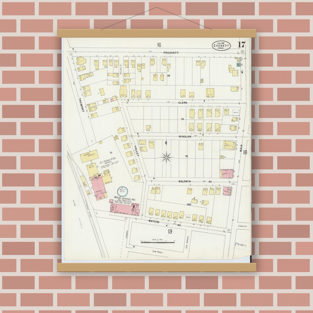 Old map wall art mockup — magnetic wood frame on brick wall — Sanborn Fire Insurance Map from Everett, Middlesex County, Massachusetts (1897), Sheet #0017