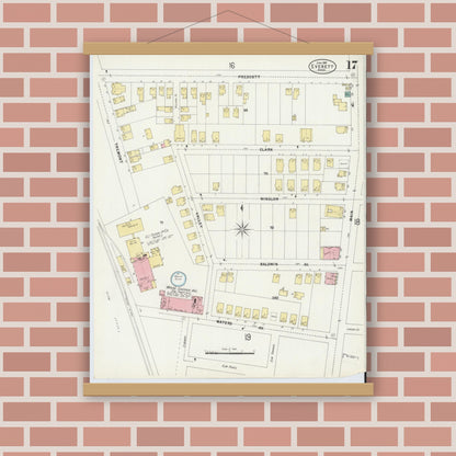 Old map wall art mockup — magnetic wood frame on brick wall — Sanborn Fire Insurance Map from Everett, Middlesex County, Massachusetts (1897), Sheet #0017