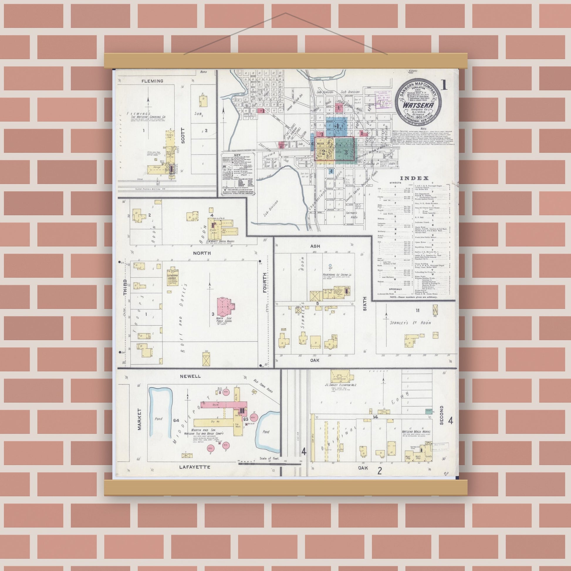 Old map wall art mockup — magnetic wood frame on brick wall — Sanborn Fire Insurance Map from Watseka, Iroquois County, Illinois (1905) - Complete Map Set