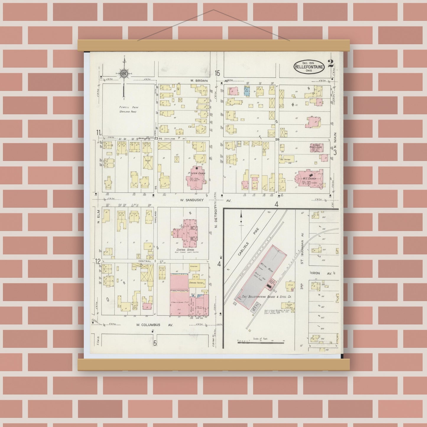 Old map wall art mockup — magnetic wood frame on brick wall — Sanborn Fire Insurance Map from Bellefontaine, Logan County, Ohio (1914), Sheet #0002