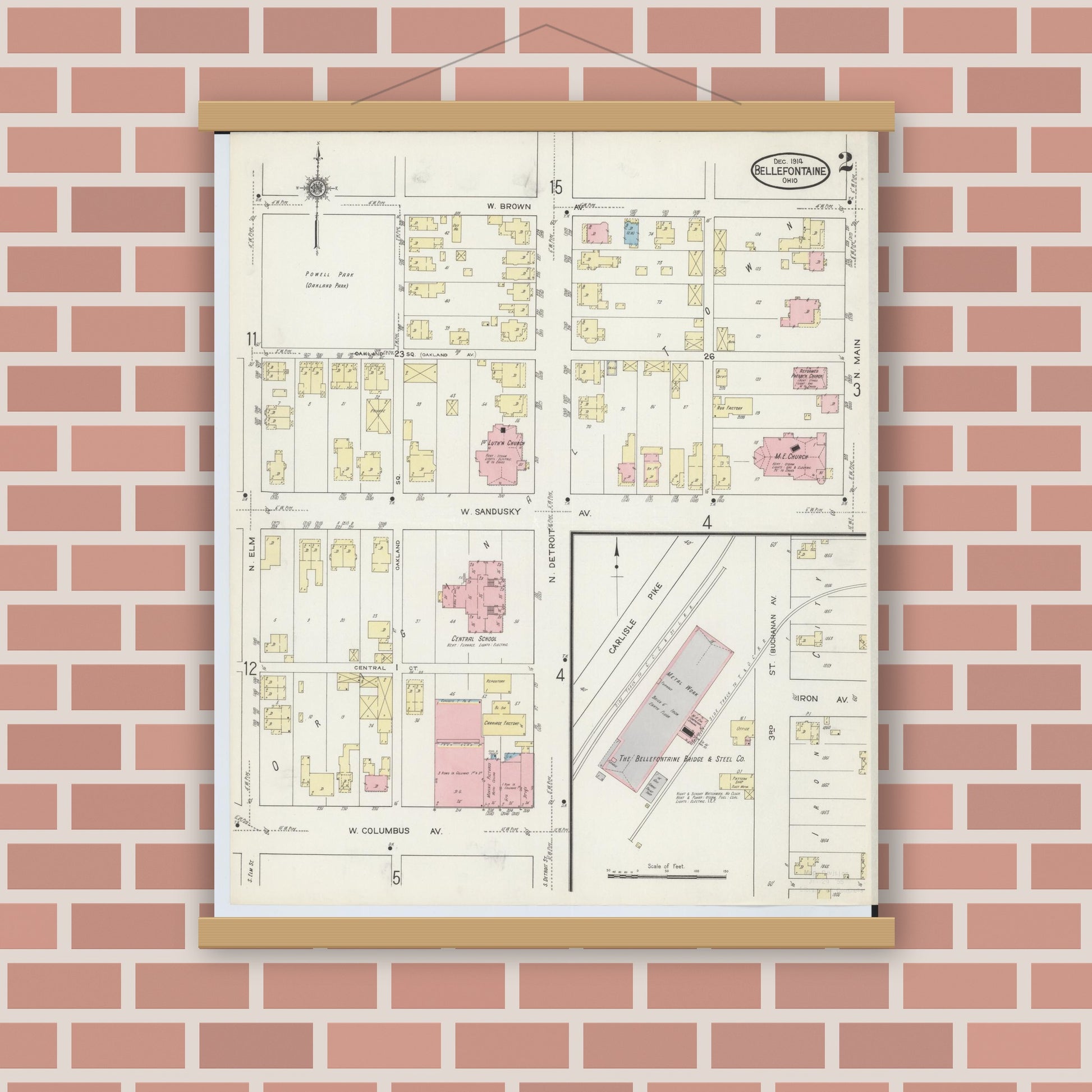 Old map wall art mockup — magnetic wood frame on brick wall — Sanborn Fire Insurance Map from Bellefontaine, Logan County, Ohio (1914), Sheet #0002