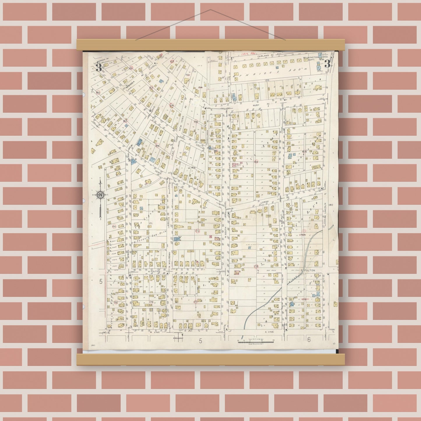 Old map wall art mockup — magnetic wood frame on brick wall — Sanborn Fire Insurance Map from Wilmington, Clinton County, Ohio (1949), Sheet #0003