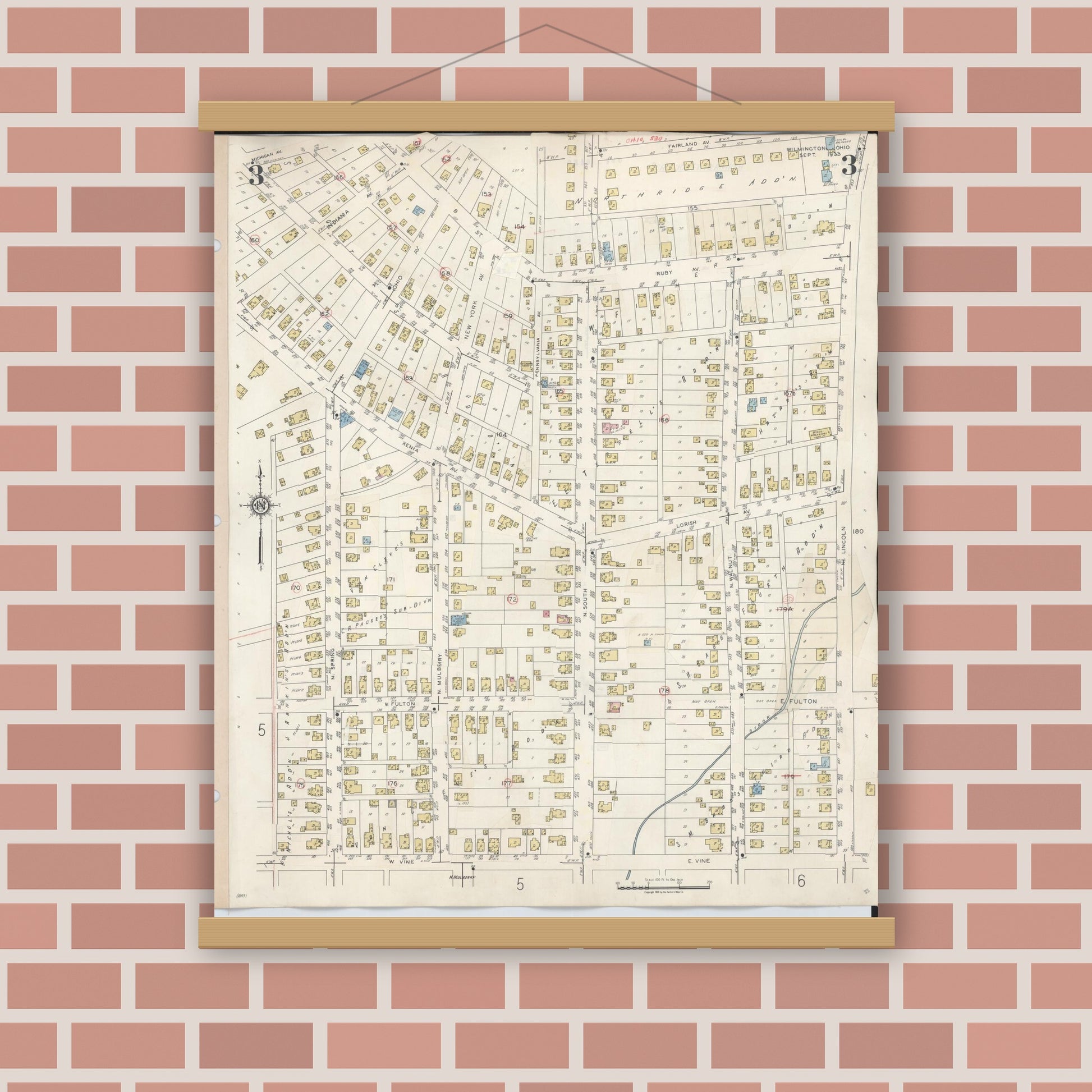 Old map wall art mockup — magnetic wood frame on brick wall — Sanborn Fire Insurance Map from Wilmington, Clinton County, Ohio (1949), Sheet #0003