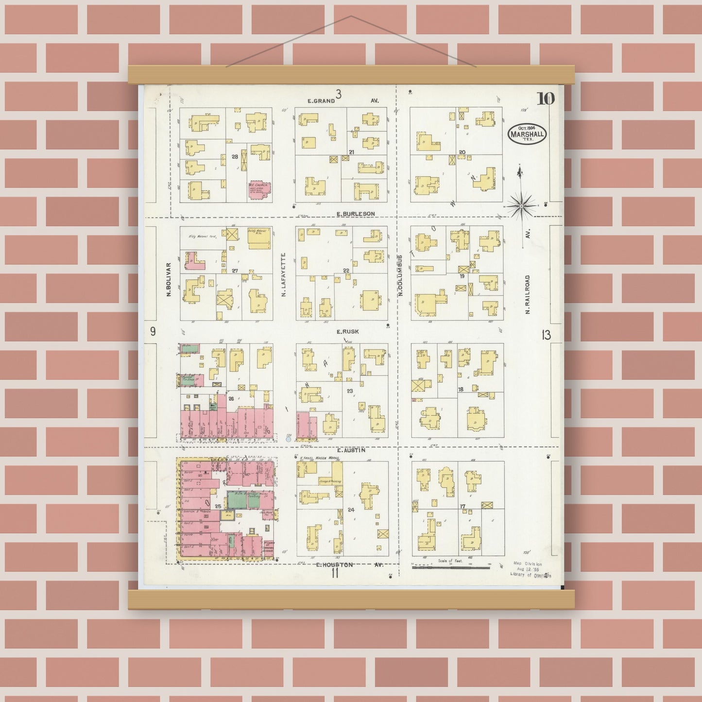 Old map wall art mockup — magnetic wood frame on brick wall — Sanborn Fire Insurance Map from Marshall, Harrison County, Texas (1904), Sheet #0010