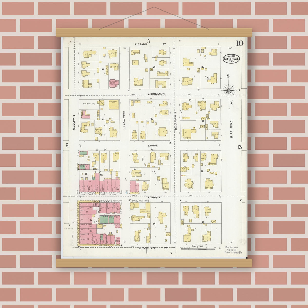 Old map wall art mockup — magnetic wood frame on brick wall — Sanborn Fire Insurance Map from Marshall, Harrison County, Texas (1904), Sheet #0010
