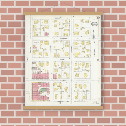 Old map wall art mockup — magnetic wood frame on brick wall — Sanborn Fire Insurance Map from Marshall, Harrison County, Texas (1904), Sheet #0010