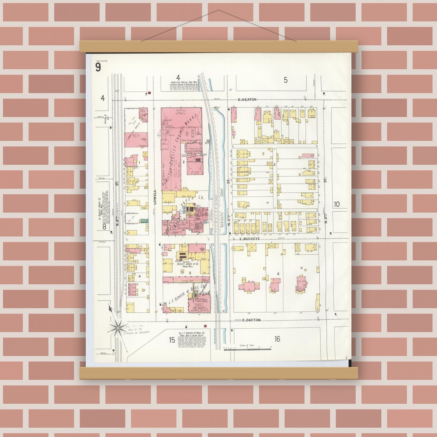 Old map wall art mockup — magnetic wood frame on brick wall — Sanborn Fire Insurance Map from Hamilton, Butler County, Ohio (1899), Sheet #0009