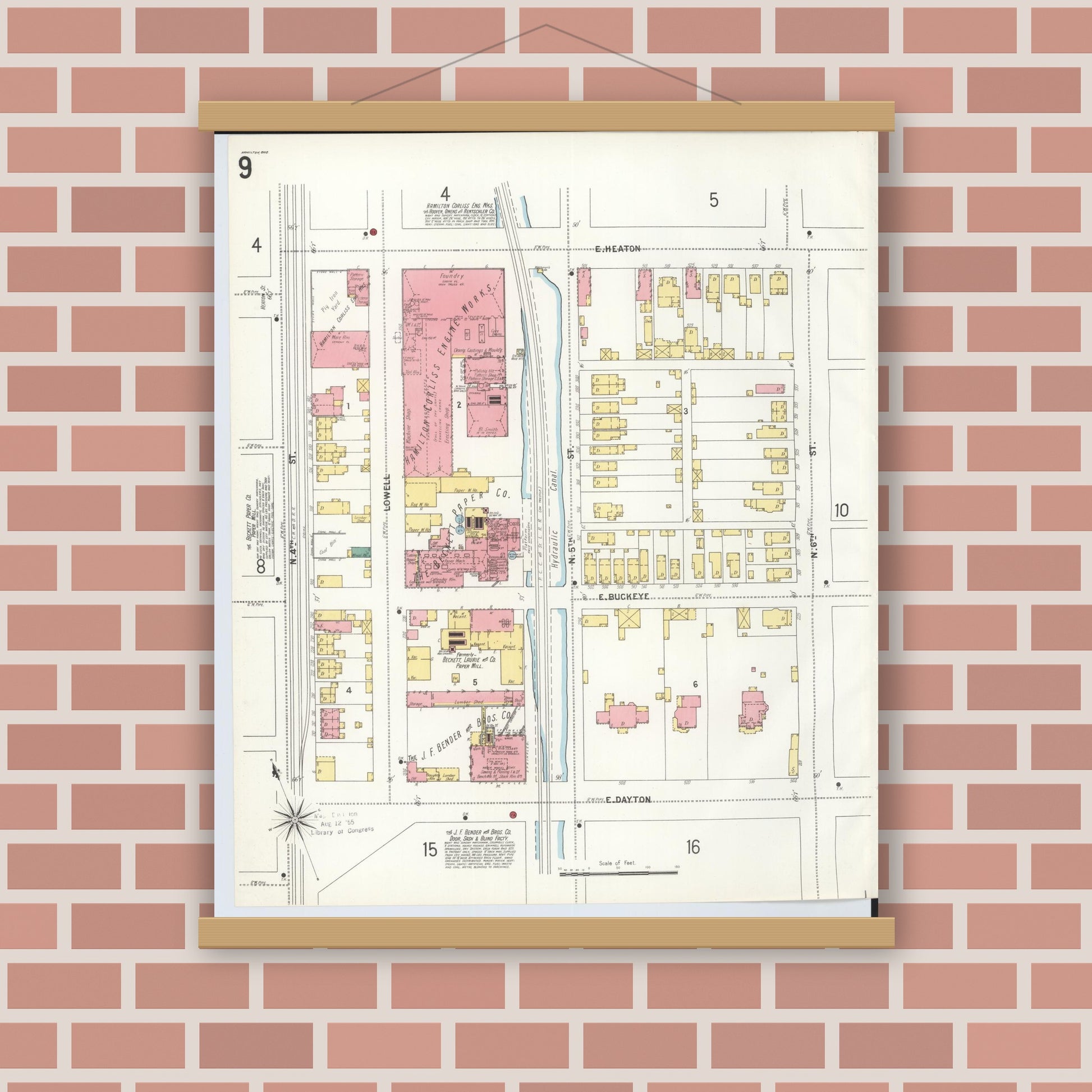 Old map wall art mockup — magnetic wood frame on brick wall — Sanborn Fire Insurance Map from Hamilton, Butler County, Ohio (1899), Sheet #0009