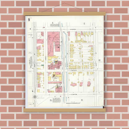 Old map wall art mockup — magnetic wood frame on brick wall — Sanborn Fire Insurance Map from Hamilton, Butler County, Ohio (1899), Sheet #0009