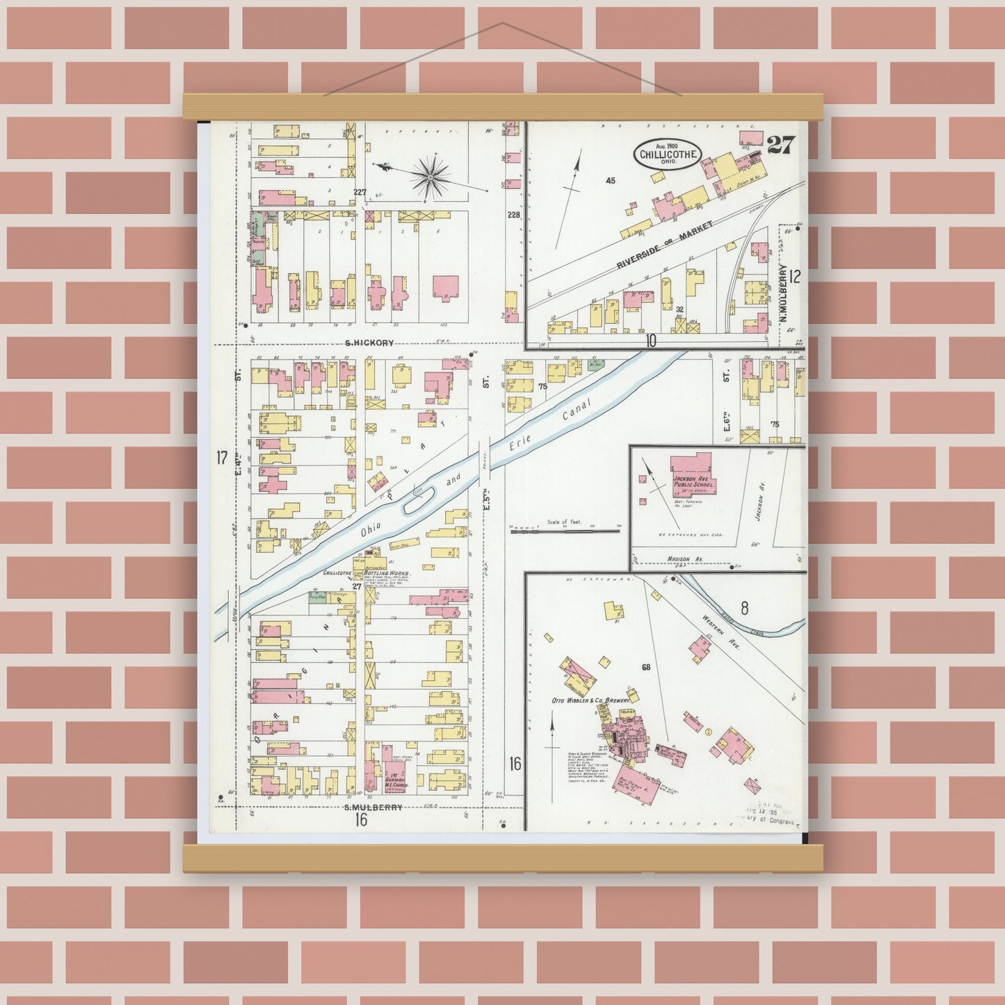 Old map wall art mockup — magnetic wood frame on brick wall — Sanborn Fire Insurance Map from Chillicothe, Ross County, Ohio (1900), Sheet #0027