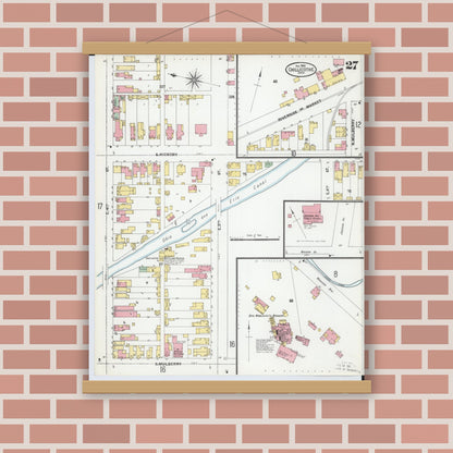 Old map wall art mockup — magnetic wood frame on brick wall — Sanborn Fire Insurance Map from Chillicothe, Ross County, Ohio (1900), Sheet #0027