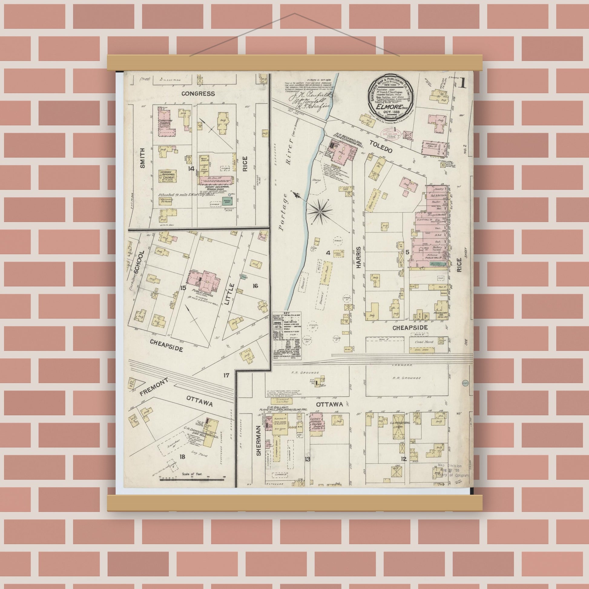 Old map wall art mockup — magnetic wood frame on brick wall — Sanborn Fire Insurance Map from Elmore, Ottawa County, Ohio (1888) - Complete Map Set