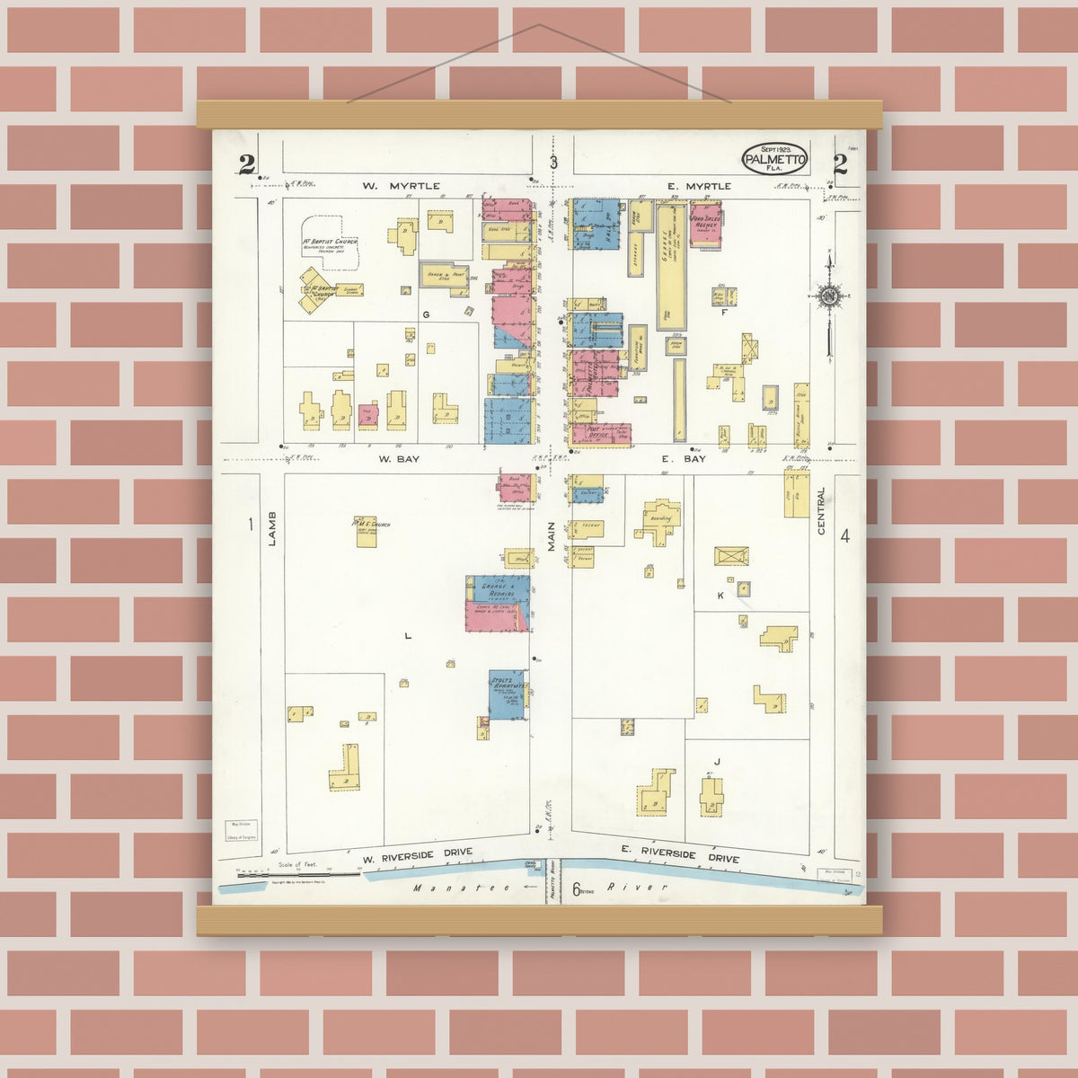 Old map wall art mockup — magnetic wood frame on brick wall — Sanborn Fire Insurance Map from Palmetto, Manatee County, Florida (1923), Sheet #0002